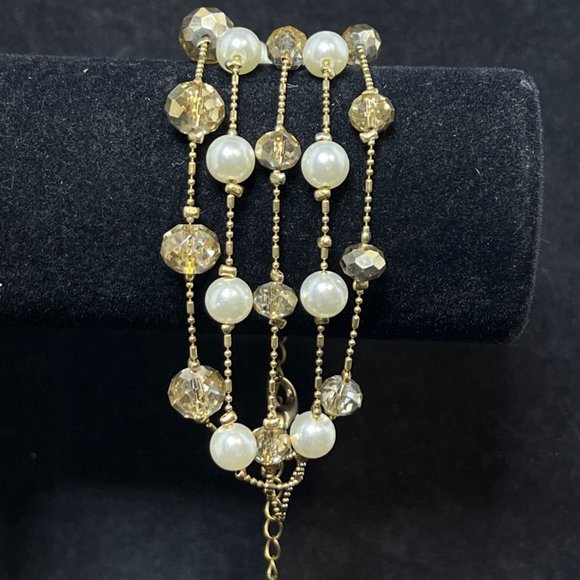 Vintage Gold Tone, Faux Pearl And Beaded 5 Strand Bracelet (4039) - Picture 2 of 3